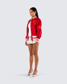 You already know you’ll be the HBIC in this fit ❤️ Pairing a fitted white poplin shirt with a twill micro mini skirt and a red varsity jacket - this three-piece set will always have you coming in first place 🏆 Red Sporty Varsity Jacket For Spring, Red Varsity Jacket For Spring, Trendy Red Varsity Jacket For College, Fitted Cotton Varsity Jacket For Spring, Red Fitted Varsity Jacket, Fitted Red Varsity Jacket, Trendy Fitted Cotton Varsity Jacket, Trendy Cotton Varsity Jacket For School, Red Fitted Varsity Jacket For College