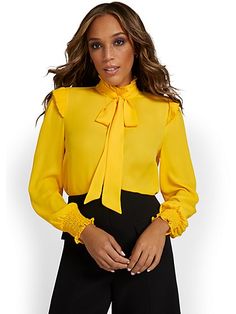 New York & Company Fitted Tie Neck Top For Workwear, Fall Tie Neck Blouse, Elegant Yellow Tops For Fall, Solid Color Tie Neck Tops For Fall, Chic Fitted Tie Neck Top, Chic Fitted Top With Tie Neck, Solid Tie Neck Tops For Fall, Fall Office Tops With Tie Neck, Casual Tie Neck Blouse For Work