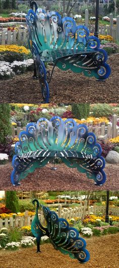 three different images of a bench in a garden