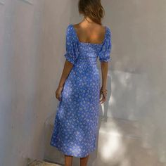 Summer Women Puff Sleeve Backless Midi Dress Vintage Floral Print Spli – Global Fashions GC Long Casual Summer Dresses, Casual Summer Dresses For Women, Short Sleeve Long Dress, Midi Dress Vintage, Sleeve Long Dress, Floral Print Dress Summer, Blue Sundress, Backless Midi Dress, Split Hem Dress