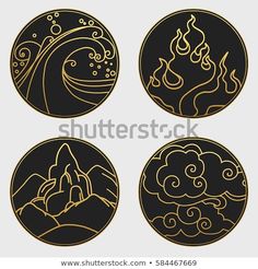 four black and gold circular designs with clouds