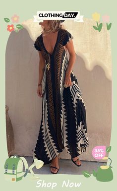 Beach Dates Ethnic Print A-line Maxi Dress V-neck Dresses With Geometric Pattern For Beach, Bohemian A-line Maxi Dress For Beach Season, Black Bohemian A-line Dress, Black A-line Bohemian Dress, Bohemian A-line Beach Maxi Dress, A-line Maxi Dress For Beach Season, Black A-line Maxi Dress For Beach, A-line Maxi Dress For Beach Season Vacation, Beach Dresses With Geometric Pattern And V-neck