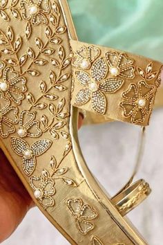 Buy Gold Embroidered Floral Wedges by Essem Online at Aza Fashions. Gold Toe Rings, Floral Wedges, Gold Wedges, Luxury Sale, Shoe Bags, Buy Gold, Toe Rings, Festival Wear, Aza Fashion