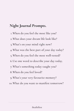 Night Journal Prompts, Night Journal, Words To Describe Yourself, Journal Questions, Gratitude Journal Prompts, Daily Journal Prompts