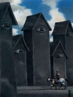 a painting of a man riding a horse in front of tall buildings with eyes on them