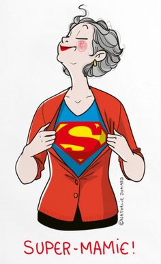 an older woman wearing a superman t - shirt with the words super - mamie on it