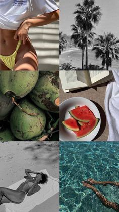 there are four different pictures one is black and white, the other has watermelon