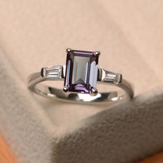 Alexanderite Gem Engagement Ring, Ring Emerald Cut, June Birthstone Ring, Alexandrite Engagement Ring, Alexandrite Ring, Emerald Engagement Ring Cut, Ring Emerald, Sterling Silver Engagement Rings, Three Stone Engagement