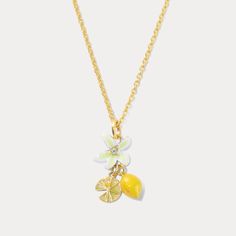 The Lemon Quartz Necklace dazzles with its citrusy charm, featuring a radiant gemstone that captures the essence of sunshine and brings a bright, joyful touch to any attire. The Lemon Flower Necklace is a radiant treasure, featuring a brilliant lemon quartz gem that exudes vibrancy. Encased in a sleek setting of silver with an 18K gold finish, this necklace is a burst of sunshine around your neck, perfect for brightening any day and adding a cheerful sparkle to your favorite outfits. DETAILS Plating: 18K Gold Materials: 18K Gold on Brass, Enamel, Cubic Zirconia, Pearl Measurements: Length: 16.14"(41cm) + Extender: 1.97"(5cm) Pendant Size: 1.89"*1.02"(4.8cm*2.6cm) Weight: 9.2g Elegant Yellow Jewelry With Charms, Gold Pendant Necklace Jewellery, Lemon Necklace, Lemon Flower, Everyday Wear Jewelry, Astrology Jewelry, Astrology Necklace, Fruit Jewelry, Detailed Necklace