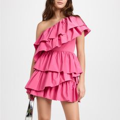 Brand New With Tags. Super Flattering Cocktail Dress Spring One Shoulder Mini Dress With Ruffles, Pink One Shoulder Ruffled Mini Dress, One-shoulder Ruffle Mini Dress For Day Out, One Shoulder Ruffle Mini Dress For Day Out, One Shoulder Ruffled Mini Dress For Day Out, Pink Ruffled Mini Dress For Brunch, One-shoulder Ruffle Dress For Spring Brunch, Chic Pink Ruffle Dress For Day Out, Black Tunic Dress