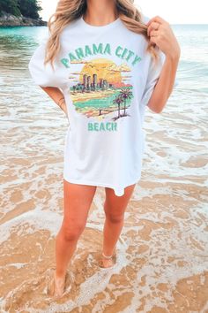 🍄 Vintage look, retro inspired Panama City Beach T-Shirt 🍄 Summer beach design, great for any beach vacation, family trip, girls trip, and more 🍄 Unisex Crew Neck, high quality, super soft shirt 🍄 Comfort Colors brand, 100% garment-dyed ringspun cotton, relaxed fit 🍄 Make sure to size up for a more oversized tee look or size up 2 sizes for a t-shirt dress look 🍄 Please refer to the sizing chart in the photos to find the size that fits you best  Thank you for visiting and please reach out i Pickle Shirt, Lake Shirts, Oversized Shorts, Barbie Shirt, Vacation Tshirt, Single Shirt, Hot Beach, Crewneck Vintage, Summer Beach Party