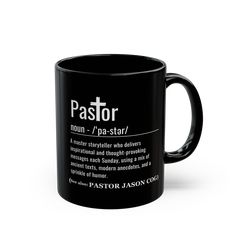 a black coffee mug with the words pastor written in white on it and an image of a