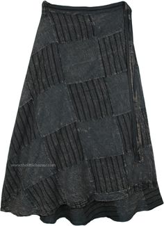 Patchwork Cotton Long Skirt - An elegant and unique patchwork skirt in alternating solid and stripe patches.  This skirt is made from heavyweight cotton material and can be worn year round depending on how you accessorize it. #tlb #WrapAroundSkirt #Patchwork #Stonewash #XLPlus #vacationclothing #Solid #Plussizewrapskirt #plussizebohoskirt Black Patchwork Cotton Skirt, Black Cotton Patchwork Skirt, Black Cotton Bohemian Skirt, Black Bohemian Cotton Skirt, Long Cotton Patchwork Skirt, Cotton Patchwork Long Skirt, Cotton Long Skirt With Patchwork, Traditional Black Cotton Skirt, Plus Size Wrap Skirt