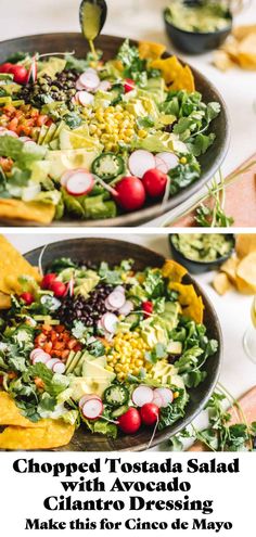 two photos of a salad being made with avocado and cilantro dressing