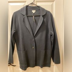 Jcrew Factory Sweater Blazer, Black, Two Button Blazer, Size Medium, Nwt, Fits Like A Large. Snap Button Button-up Cardigan For Work, Fall Blazer With Button Closure, Long Sleeve Cardigan With Button Closure For Work, Casual Blazer For Layering With Buttons, Button Closure Blazer For Fall Layering, Fall Layering Blazer With Button Closure, Winter Blazer With Button Closure For Layering, Everyday Long Sleeve Blazer With Button Cuffs, Single Breasted Button-up Cardigan For Work