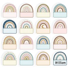 a set of nine pastel rainbows with different colors and patterns on them, all in