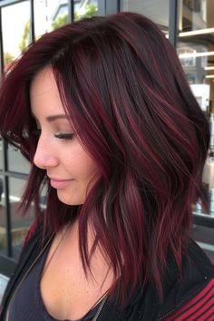 45 Sizzling Hot Red Highlights Ideas for Black Hair - Flo's Blog Red Toned Highlights Brown Hair, Shades Of Red Highlights, Dark With Red Hair, Fall Hair Burgundy Balayage, Apothic Dark Red Brown Hair, Light Brown With Burgundy Highlights, Red Hair Color For Dark Hair, Black With Burgundy Hair, Dark Hair With Strawberry Highlights