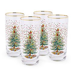 four christmas tree glasses with gold rims and dots on the bottom, set of 4