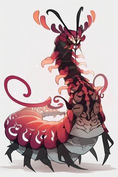 an illustration of a red and black dragon sitting on top of a white bowl with its tail curled up