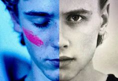 two images one with pink lipstick and the other black and white, both have their faces painted