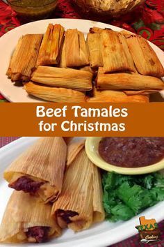 beef tamales for christmas with lettuce and salsa on the side, and an image of stuffed corn tortillas