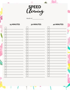 a printable sheet with the words speed cleaning on it and pink flowers around it