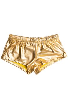 Gold Metallic Short Shorts Gold Bottoms With Built-in Shorts For Summer, Summer High-waisted Gold Shorts, Gold High-waisted Shorts For Summer, Gold Stretch Bottoms Short Length, Gold Stretch Short Bottoms, Gold Stretch Summer Shorts, Gold Bottoms With Elastic Waistband For Summer, Casual Gold Shorts, Gold Casual Short Length Shorts