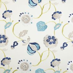 a blue and white flower pattern on a wallpaper with green, grey, and yellow accents