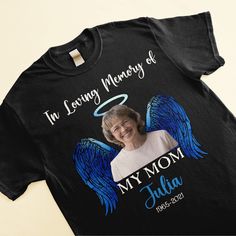 Honor a cherished loved one with our personalized memorial shirt. The soft, lightweight fabric provides lasting comfort as you hold memories close to your heart. This memorial shirt is a thoughtful gift for grieving family and friends. Wear it to services, gatherings, or for quiet moments of reflection. It offers gentle support during a pregnancy loss or first holiday without them. Memorial tees also make meaningful birthday, anniversary, or angelversary gifts. They celebrate the love that will Rip Shirts Ideas, Rip Shirts, Picture Frame Light, Ripped Shirts, Memorial Benches, Engraved Whiskey Glass, Mom Daughter Gifts, Canvas Beach Bag, Leather Flask