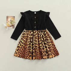 Brand New In Package Cotton/Polyester Cute Black Dress For Fall, Cute Black Cotton Dress, Cute Black Long Sleeve Dress, Girls Princess Dress, Baby Girl Princess Dresses, Leopard Dress, Girls Black, Black Long Sleeve Dress, Patchwork Dress