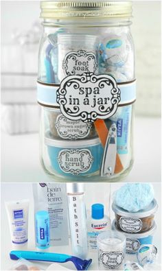 a jar filled with toothbrushes and other items next to the words spa in a jar