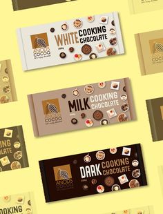 six chocolate bar wrappers with different flavors on them, all decorated in gold and white