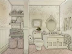 the bathroom is decorated in pastel tones