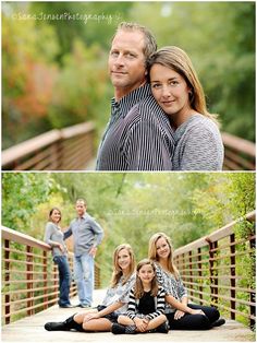 a family posing on a bridge in the fall and winter for an outdoor photo session