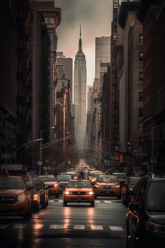 a city street filled with lots of traffic and tall buildings in the background at night