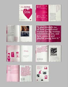 an assortment of brochures with pink and white designs on them, including the words it also reminds that how complicated love is