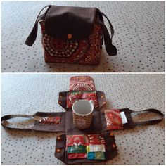 two pictures of a purse and coffee cup on the floor