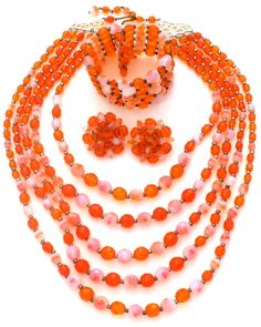 Orange & Opalescent Bead Jewelry Set Vintage Glass Bead Jewelry, Orange Jewelry, Graduation Necklace, Glass Beads Jewelry, Memory Wire Bracelet, Memory Wire Bracelets, Memory Wire, Wire Bracelet, Bead Jewelry