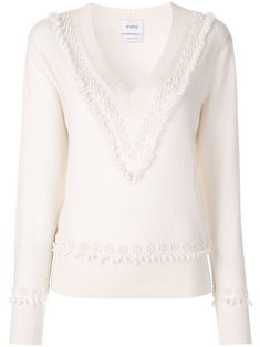 Barrie lifts classic knitwear staples with delicate flourishes as seen in this white cashmere Romantic Timeless pullover. Knitted to a straight fit, this luxurious staple features a feminine V-neck, ribbed trims for definition and delicate loop and knot stitching that adds a touch of textural interest to this ladylike look. Classic Knitwear, V Neck Pullover, Midi Ruffle Dress, Fashion Design Clothes, Floral Print Tops, Stripe Skirt, Scarf Print, Size Clothing, Knot