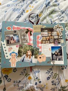 an open scrapbook with pictures on it