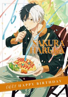 an anime character holding a plate of food with the caption sakura haruka happy birthday