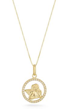 This 14-karat-gold necklace suspends a circular pendant centered by a sweet angel that's shimmering with a halo of diamonds. 18" length; 0.55" diameter of pendant Total diamond weight: 0.5ct. Color: G–H Clarity: SI2 14k gold/diamond Made in Italy Diamond Guide Gold Pendant Jewelry With Halo Design, Gold Pendant With Halo Design, 14k Gold Pendant Necklace With Halo, Gold Diamond Halo Necklace For Gift, Gold Necklace Angel, Diamond Angel, Angel Pendant Necklace, Angel Pendant, Diamond Guide