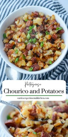 two bowls filled with potatoes and bacon on top of a striped table cloth next to a spoon