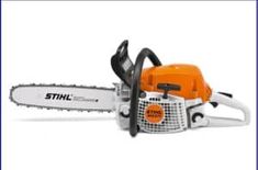 an orange and black chainsaw on a white background with the words stihl