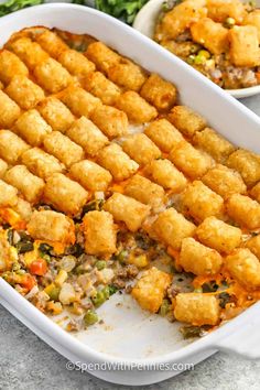 This tater tot casserole is a delicious comfort food packed with savory ground beef, mixed vegetables, and creamy mushroom soup. Topped with cheddar cheese and crispy tater tots, it's a satisfying and easy-to-make dish. Baked to perfection, it’s the ultimate family-friendly meal that combines crispy, cheesy, and creamy textures in every bite. #spendwithpennies