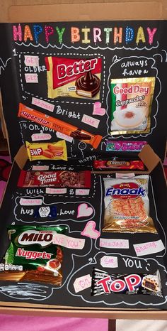 an open birthday box filled with candy and candies