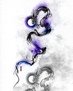 an artistic drawing of two dragon in purple and black ink on white paper with chinese writing