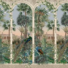 two paintings of peacocks and palm trees in an ornately designed room divider