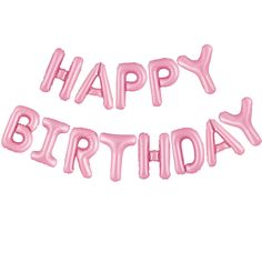 two pink balloons with the words happy birthday spelled out in front of each other on a white background