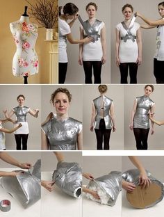 there is a woman making a dress out of silver foil